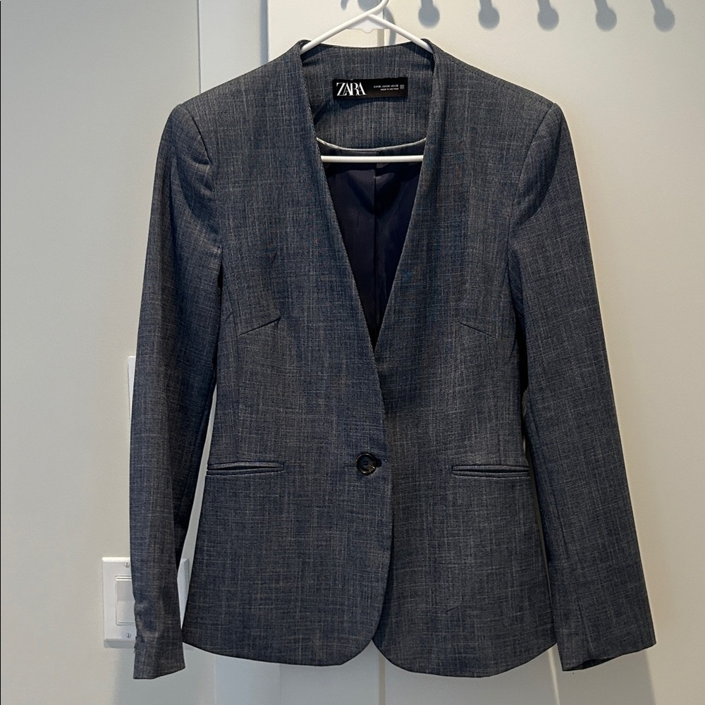 Zara Navy Grey Single-Button Blazer
